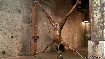 Gagged small tits ebony lesbian Ana Foxxx gets pussy vibrated and fingered in tight bondage then in upside down suspension spreaded like a star toyed